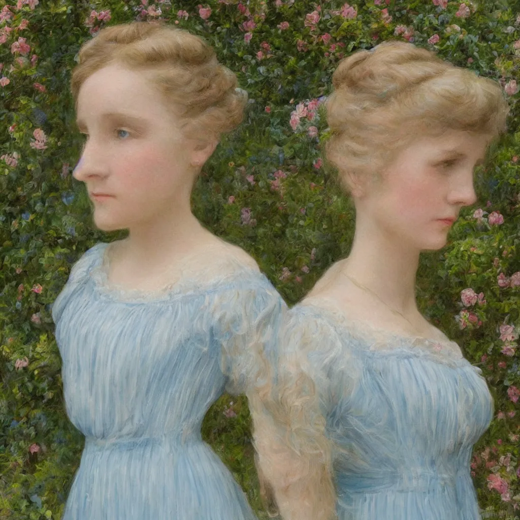 Image similar to portrait of a young lady in a light blue dress 1 9 0 0 s one entire head shown in great detail, she doesn't have a face, in a beautiful garden, looking at the camera, full body in camera, blonde hair, garden, photorealistic, extreme detail, sharp focus, 8 k, intricate, hyper detailed, realistic, cinematic lighting