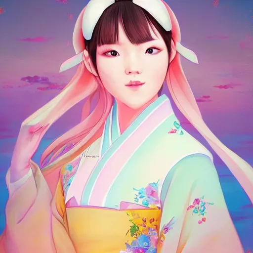 Image similar to pretty korean woman wearing beatiful hanbok, face by artgerm, bright pastel colors, studio ghibli painterly style, trending on artstation, tarot card