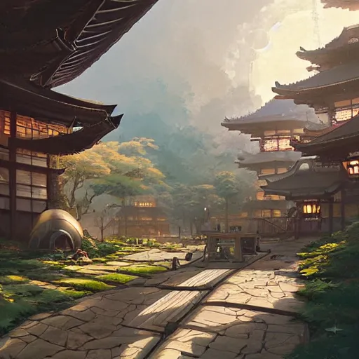 Prompt: A futuristic japanese solarpunk scientific village on a sunny day, art by Andreas Rocha and greg rutkowski, highly detailed, digital painting, matte painting, concept art, illustration, warm lighting, trending on artstation, very detailed