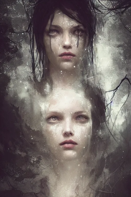 Image similar to portrait of a young woman, covered in cobwebs, dramatic lighting, cinematic, dark forest, head and shoulders, greg rutkowski