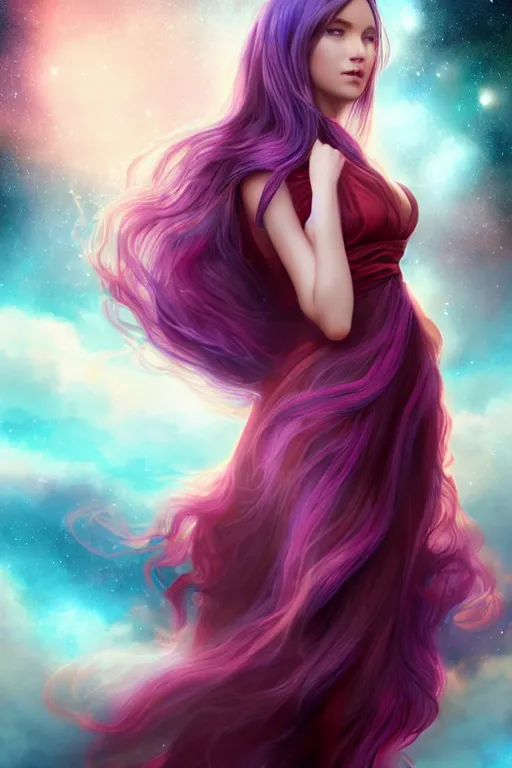 Image similar to 4k centered detailed portrait of a beautiful intimate woman with long purple cosmic hair and a beautiful red dress, by Tom Bagshaw and ross tran. Anime, volumetric lighting