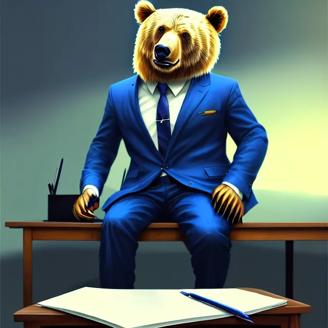 Prompt: epic professional digital art of a bear in a blue professional business suit, sitting at a desk,, best on artstation, cgsociety, wlop, Behance, pixiv, astonishing, impressive, outstanding, epic, cinematic, stunning, gorgeous, much detail, much wow,, masterpiece.