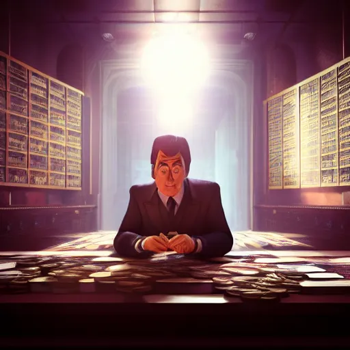 Image similar to portrait of bookmaker with money in hands sly cunning pixar style animation 3d extremely gloomy lighting, shining light and shadow, atmospheric, cinematic, unreal Engine, 8K