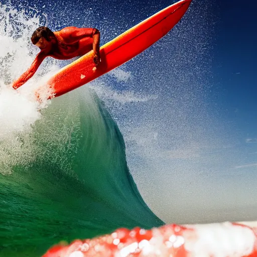 Image similar to a surfer surfing on a large wave of ketchup, through a sea made of ketchup, on a sunny day, 8 k, wide angle photography