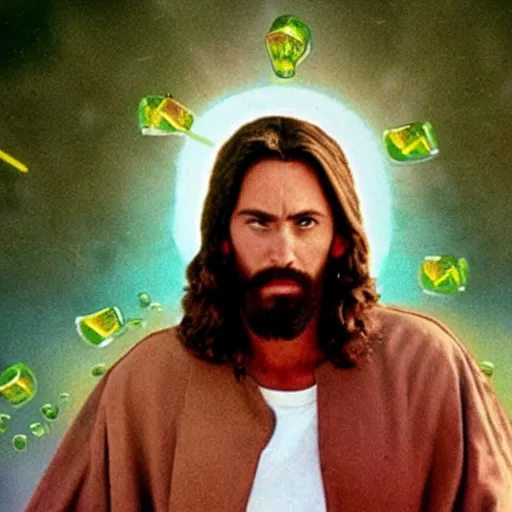 Image similar to jesus christ in a 1 9 9 0 s mountain dew commercial, movie still