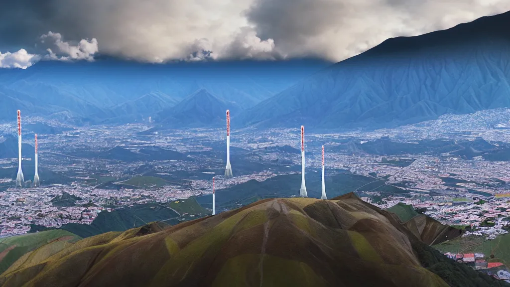 Image similar to Epic Nuclear power towers gracefully over the mountain valley of Quito, Ecuador; by Oswaldo Moncayo and Vincent Callebaut; line work and detailing by Simon Stålenhag, oil on canvas; Art Direction by James Cameron; Location: Quito Ecuador 4K, 8K; Ultra-Realistic Depth Shading