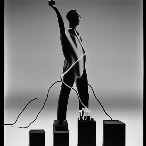 Image similar to a minimalist portrait of Marcel Duchamp holding computer cables and chess piece in the style of Alfredo Jaar, Richard Avedon, Irving Penn, Hito Steyerl, Akira Kurosawa, Shinya Tsukamoto, wide angle, monochrome, futuristic tetsuo