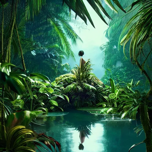 Image similar to creature in a lush tropical vegetation, water reflection, night, backlit : : by michal karcz, daniel merriam, victo ngai and guillermo del toro : : ornate, dynamic, particulate, intricate, elegant, highly detailed, centered, artstation, smooth, sharp focus, octane render, 3 d