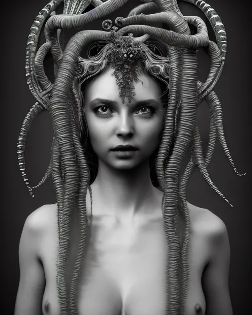 Image similar to surreal mythical dreamy underwater artistic black and white 3 d render of a translucent beautiful young female angelic - medusa - vegetal - doll, highly detailed, intricate crystal ivy jelly ornate, poetic, translucent algae ornate, digital art, octane render, 8 k artistic photography, photo - realistic, hg giger flora borsi