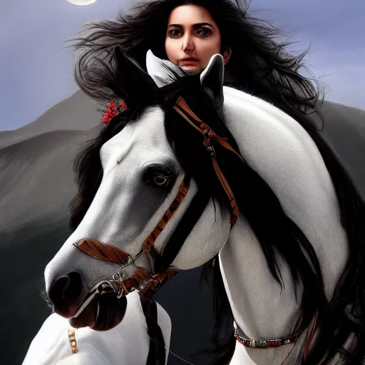 Prompt: full body shot of a beautiful young kurdish woman with beautiful black hair riding a beautiful white horse in the kurdish mountains art by martin ansin, highly detailed, 8 k, high resolution, award winning art, incredibly intricate, beautiful and symmetrical face