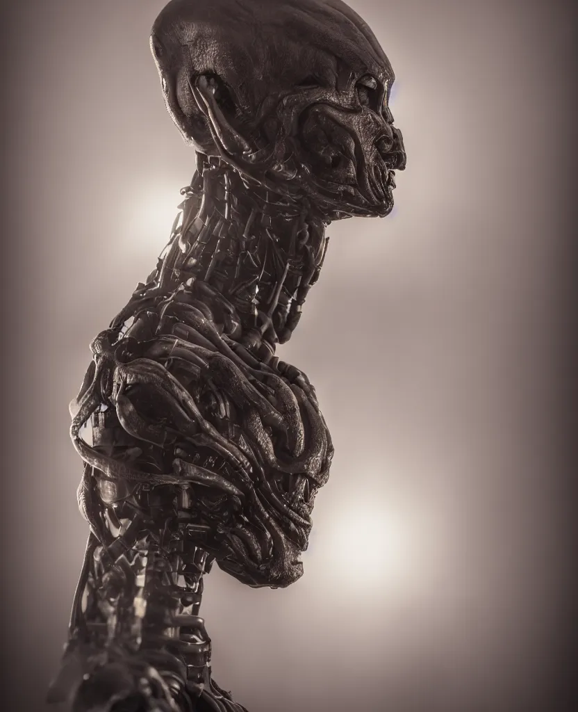 Image similar to a heroic portrait of a humanoid alien, low camera angle, 50mm lens, dramatic rim lighting