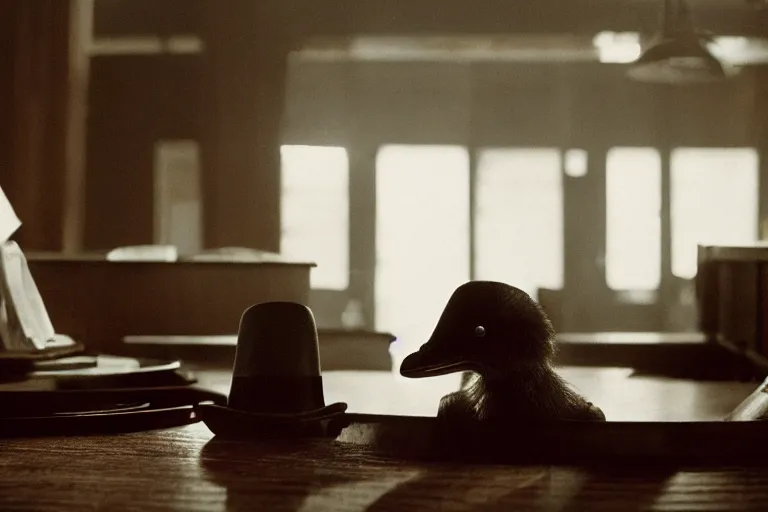 Image similar to platypus wearing top hat on a table in police station by Roger Deakins