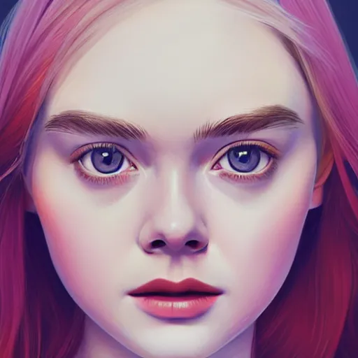 Image similar to professional painting of Elle Fanning in the style of Ilya Kuvshinov, head and shoulders portrait, symmetrical facial features, smooth, sharp focus, illustration, intricate, stormy weather, extremely detailed masterpiece,