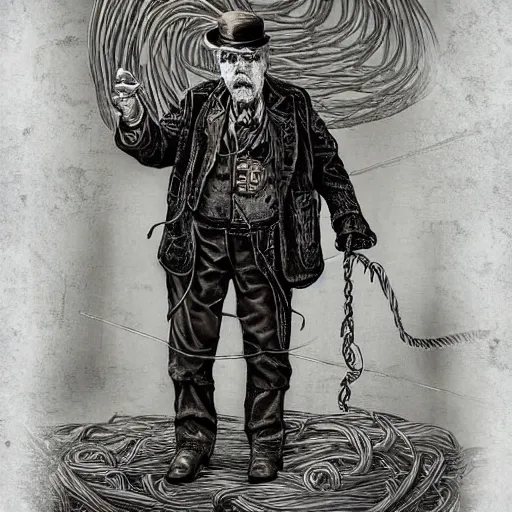 Prompt: Old wrinkled man staring seriously in steampunk outfit, attached to wires. Dark, intricate, highly detailed, smooth, in style of Stanislav Vovchuk