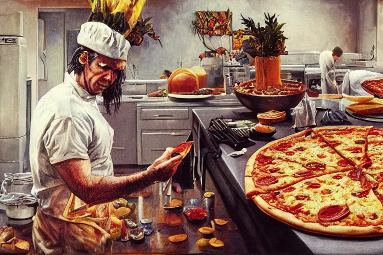 Image similar to a highly detailed nick cave baking pizza, full body, wide angle, an ultrafine detailed painting by p. craig russell and barry windsor - smith, trending on deviantart, octane, masterpiece