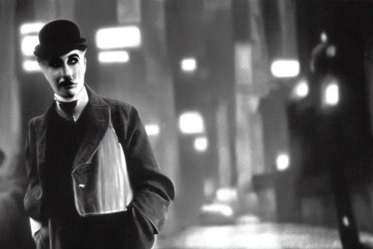 Prompt: Charlie Chaplin as a replicant in Blade Runner, cinematic, cinematic lighting, sci-fi, cyberpunk, 4k