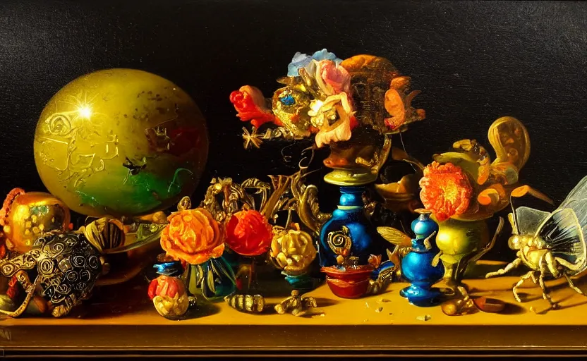 Image similar to beautiful colorful oil painting dutch golden age vanitas still life with gorgeous fututistic objects shiny transparent surfaces shiny metal insects rachel ruysch dali todd schorr very detailed perfect composition rule of thirds masterpiece chiaroscuro canon 5 0 mm, cinematic lighting, photography, retro, film, kodachrome