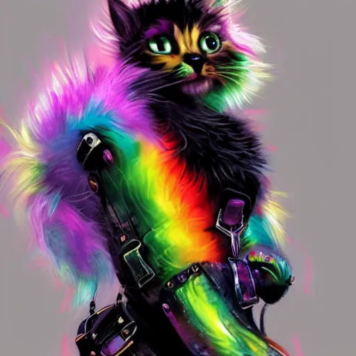 Image similar to wide angle full body, jacket wearing fluffy cute rainbow kitten wearing a black leather motorcycle jacket, cinematic concept art