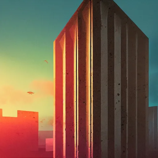 Image similar to surreal brutalism, artstation, low sunset, colorful, great composition,