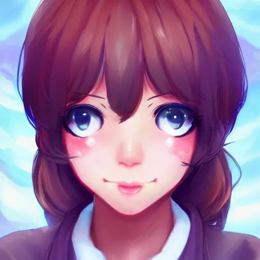 Image similar to portrait of Sayori from Doki Doki Literature Club, detailed facial features, optimistic colors, bright eyes, clear eyes, warm smile, delicate, clean shot, by artgerm