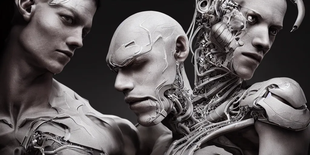 Image similar to hyper realistic photography of a stunningly beautiful cyborg male, intimately holding close, in the style of beth cavener, jin kagetsu,, and wlop, highly detailed, intricate filigree, symmetry, masterpiece, award winning, sharp focus, concept art, highkey lighting, ambient lighting, octane render, 8 k, artstation