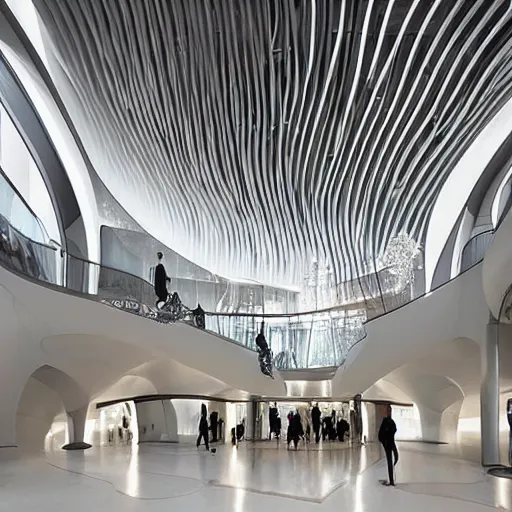 Image similar to extremely detailed ornate stunning beautiful elegant futuristic museum lobby interior by Zaha Hadid