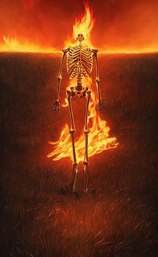 Prompt: digital painting of a skeleton on fire in the middle of a grass field, wearing gold outfit, flames, at night, stunning, cinematic lighting, concept art by greg rutkowski and simon stalenhag, artstation, cinematic, masterpice, insanely detailed, very realistic