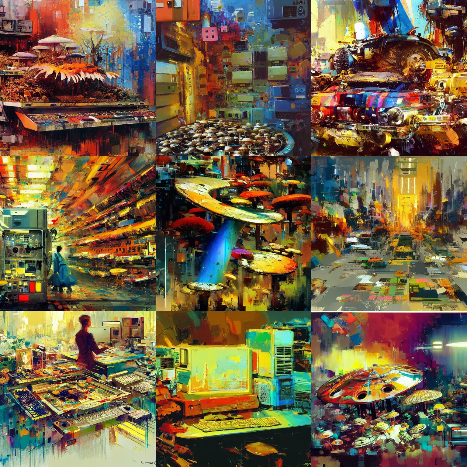 Prompt: Stunning colorful John Berkey painting of a computer made of mushrooms by Craig Mullins