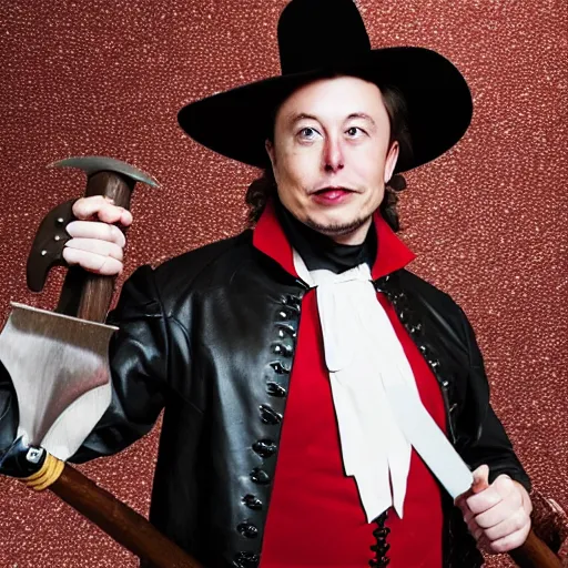 Image similar to photo of elon musk as a musketeer, he has a big black hat with a red feather, he is holding a shiny rapier sword, he is posing and looking straight to the camera, brown background, studio lighting, 4 k, 8 k