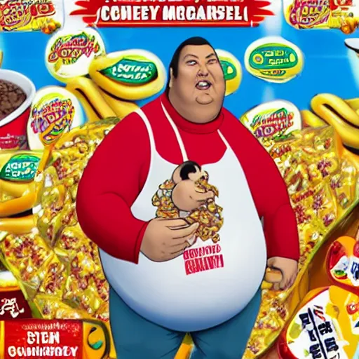 Prompt: obese steven seagal as sponsor of a sugary cereal called aikidos! with hideous cartoon rat mascot