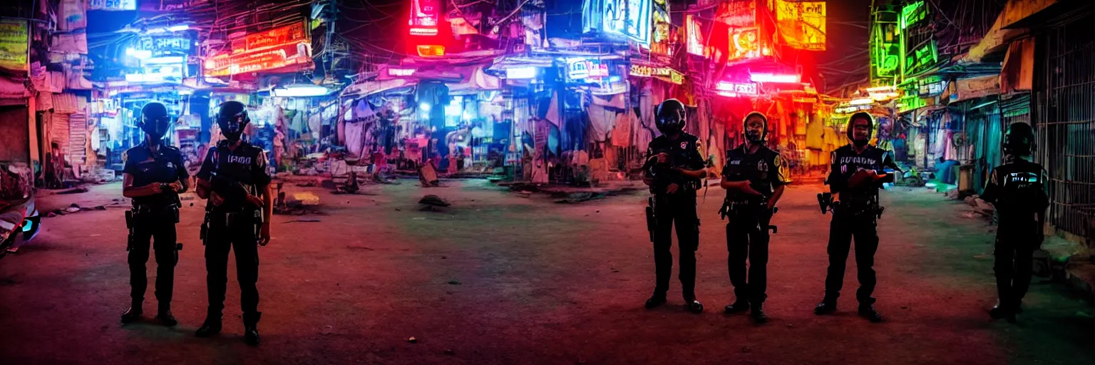 Image similar to Cyberpunk Police, futuristic Phnom-Penh Cambodia, neon dark lighting