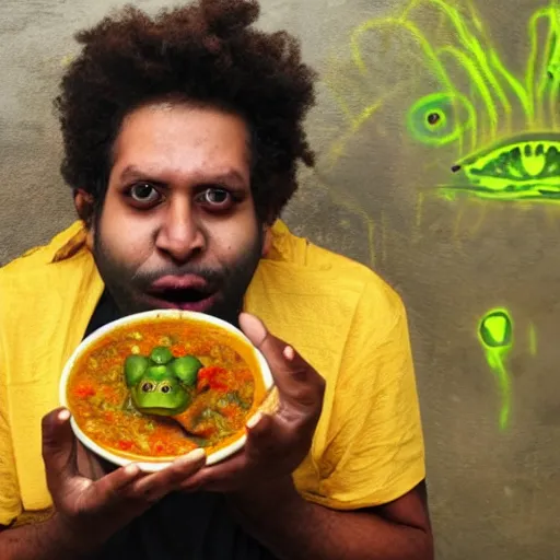 Image similar to photo of a man with three eyes ecstatically eating a bowl of indian frog curry. third eye forehead joy pineal eye minds eye cyclops, hands raised