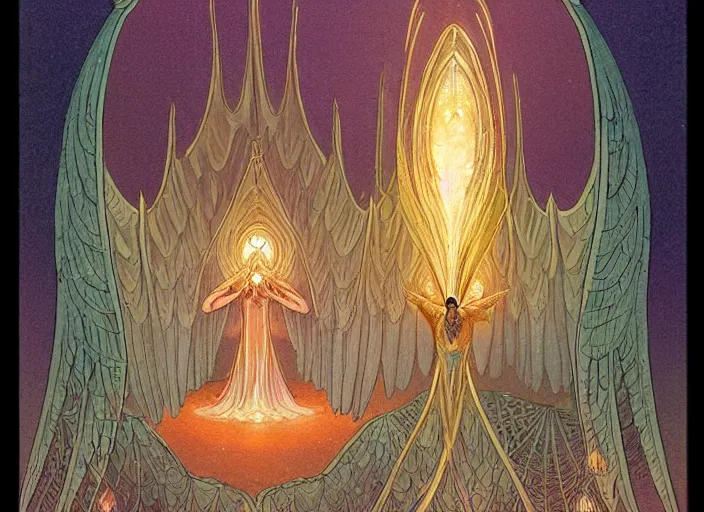 Prompt: a symmetrical! delicate mtg illustration by charles vess hundreds of radiant tiny winged seraphim flying out from a huge glowing doorway of a massive vulva!!! - shaped temple of smooth organic architecture, floating in the astral plane and constructed of house - sized crystals and with the bulb of the vestibule over the doorway made of iridescent pearl