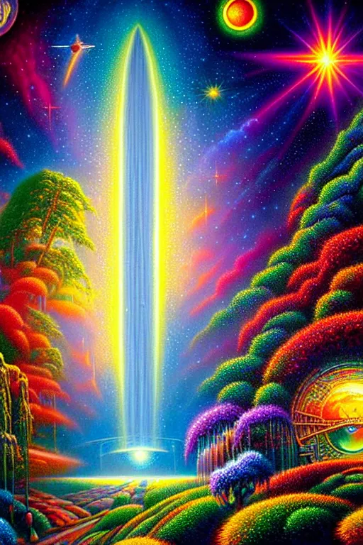 Prompt: a photorealistic detailed image of a beautiful vibrant iridescent future for humanity, spiritual evolution, divinity, utopian, garden, by david a. hardy, kinkade, lisa frank, wpa, public works mural, socialist