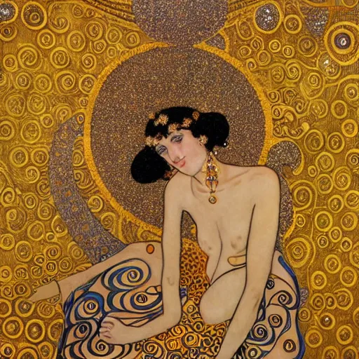 Prompt: an abstract goddess with the moon behind her covered in gold, intricate details, in the style of manara, klimt