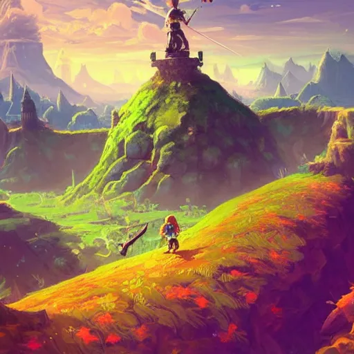 Image similar to a hyperrealistic digital matte painting of a verdant fantasy countryside, breath of the wild, hyrule, inspired by cyril rolando, david wiesner, many golden layers, orange color tone, very far royal steampunk castle, cgsociety, highly detailed, trending on artstation, azure sky