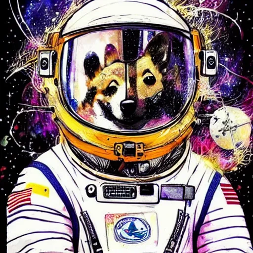 Prompt: a heroic corgi cosmonaut in space, carne griffiths, highly detailed, intense, dynamic, beautiful, cinematic