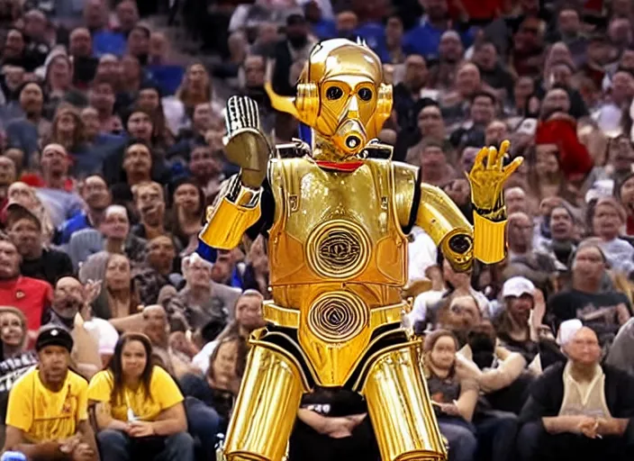 Image similar to ESPN still of C-3PO playing in the nba playoffs live on espn, 4k