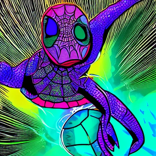 Prompt: turtle fusing with a psychedelic black hole in space, style like spiderverse movie, colorful, hard edges, black outlines