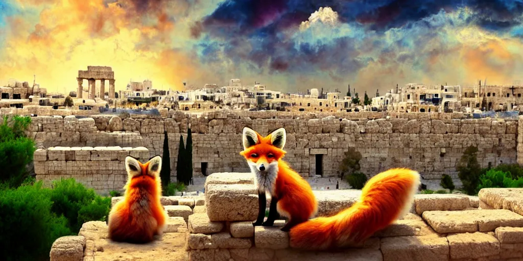 Image similar to a adorable small fox in the huge ruins of the second temple in jerusalem in the distance. the third temple hovers quietly hiding in the dreamy clouds above. a hooded bearded old man in a tunic laughing, colorful 8 k, art station, intricate superb details, digital art, cinematic, bokeh dof sky, an expressionist painting by afremov.