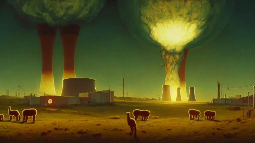 Image similar to A nuclear power plant in utopia by Simon Stålenhag and J.M.W. Turner, oil on canvas<photobomb>Alpaca</photobomb>; Nuclear Fallout, Art Direction by Adam Adamowicz; 4K, 8K Ultra-Realistic Depth Shading; Epic 4k dream drone shots