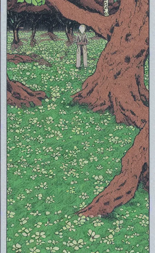 Prompt: by akio watanabe, manga art, tree lead clover on the soil, trading card front