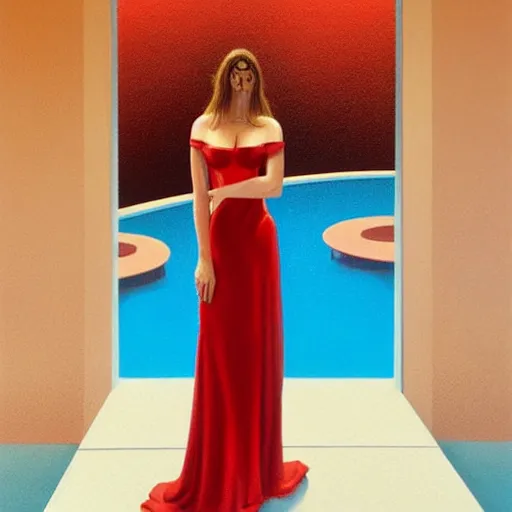 Image similar to Emily Ratajkowski full body laying in a blood red pool of water between a golden mirror frame, outside is space and inside the mirror frame is a beautiful landscape. Hyperrealistic surreal 4K IMAX Rene Margritte intricate, elegant, highly detailed, digital painting, artstation, concept art, smooth, sharp focus, illustration, art by artgerm and greg rutkowski and alphonse mucha