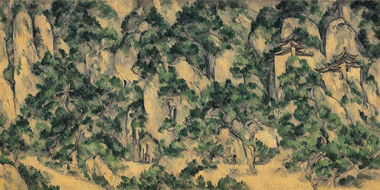 Prompt: the taoist temples of huangshan, landscape painting by paul cezanne