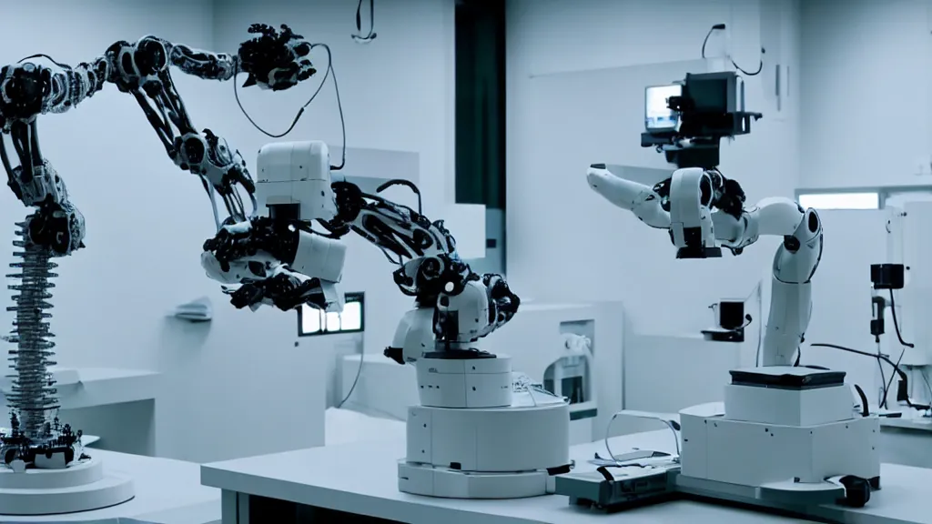 Image similar to a complex bifurcated robotic cnc surgical arm hybrid mri 3 d printer machine making black and white ceramic mutant forms in the laboratory inspection room, film still from the movie directed by denis villeneuve with art direction by salvador dali, wide lens