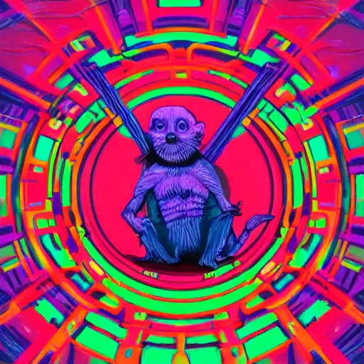 Prompt: a small creature sitting on a perch. in the style of 70s sci-fi illustration. psychedelic. other worldly.