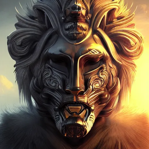 Prompt: Very very very very highly detailed epic photo of face with lion venetian mask, intricate, dystopian, sci-fi, extremely detailed, digital painting, artstation, concept art, smooth, sharp focus, illustration, intimidating lighting, incredible art by Artgerm and Brom and Vincent di Fate