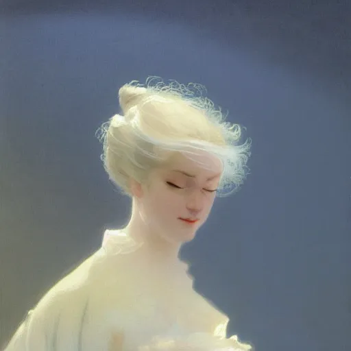 Prompt: a young woman's face, her hair is silver grey and she wears an indigo blue satin cloak, by ivan aivazovsky and syd mead and moebius and gaston bussiere and roger dean and pieter claesz and paul delaroche and alma tadema and aelbert cuyp and donato giancola, hyperrealistic, volumetric light, octane render