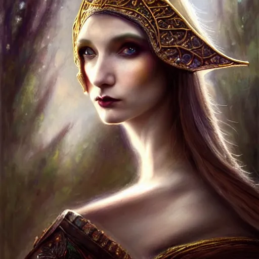 Image similar to A female Elf priestess, unique non conventional beauty, fantasy, intricate, elegant, dramatic lighting, emotionally evoking symbolic metaphor, highly detailed, lifelike, photorealistic, digital painting, concept art, smooth, sharp focus, illustration, art by John Collier and Albert Aublet and Krenz Cushart and Artem Demura and Alphonse Mucha