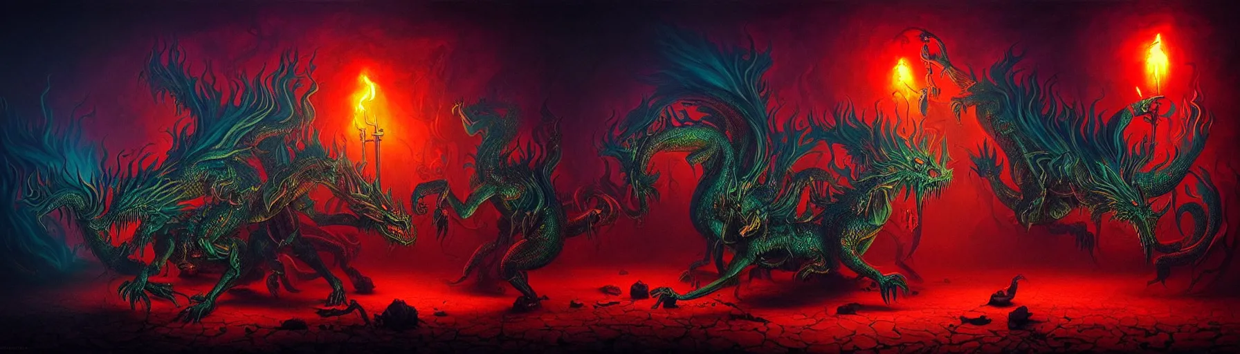 Image similar to strange whimsical alchemical dragons from the depths of the collective unconscious, dark eerie dramatic lighting, detailed and atmospheric surreal darkly colorful painting by ronny khalil